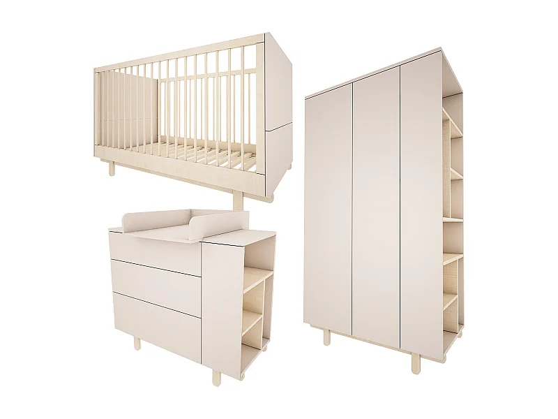 Chambre complète lit évolutif 70x140 commode à langer et armoire 2 portes Romy - Cachemire