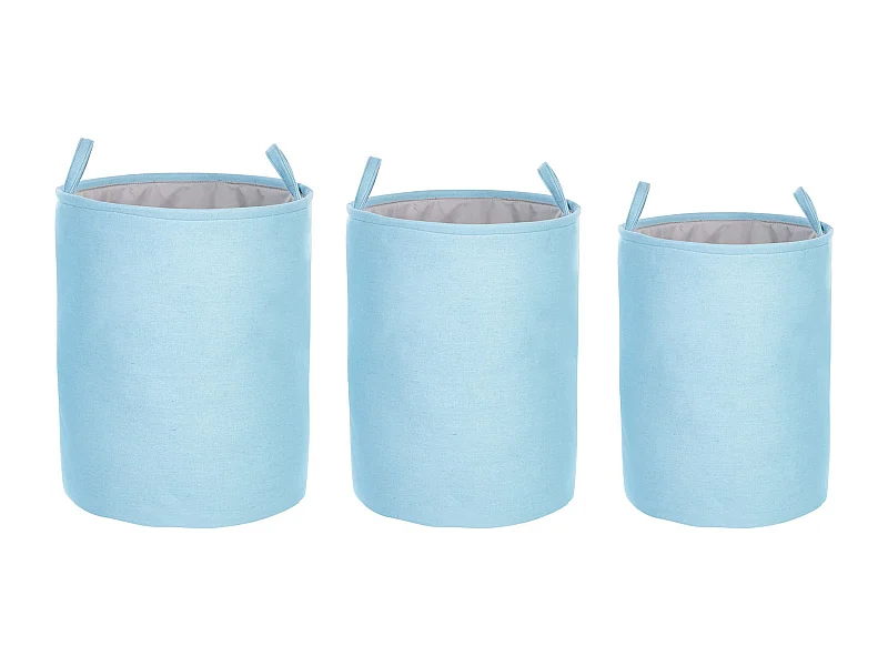 Wäschekorb 3er Set Stoff blau handgemacht rund mit Kordelzug 2 Griffen Archa