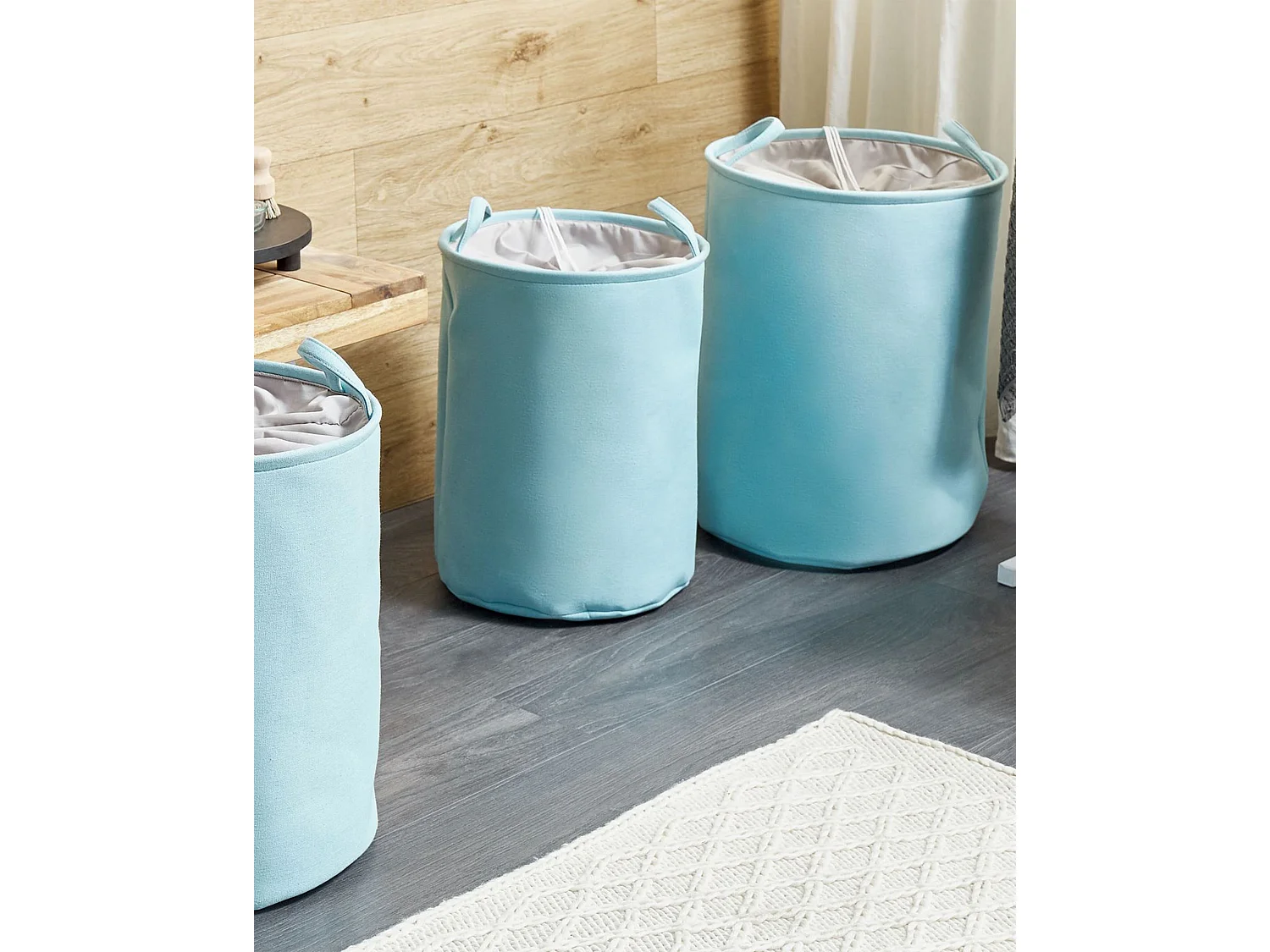 Wäschekorb 3er Set Stoff blau handgemacht rund mit Kordelzug 2 Griffen Archa