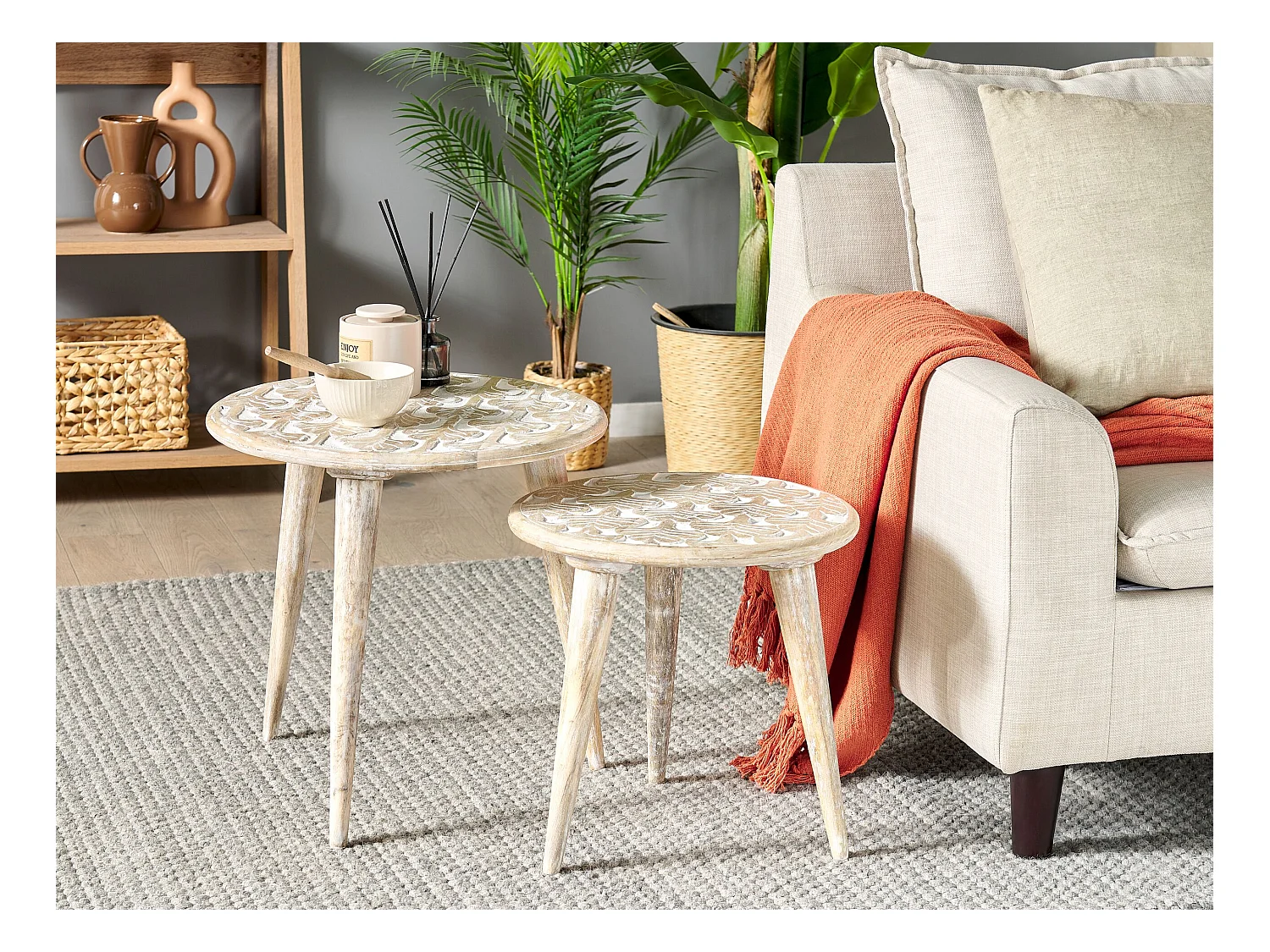 Lot de 2 tables d'appoint HURSI Bois de manguier Marron/blanc