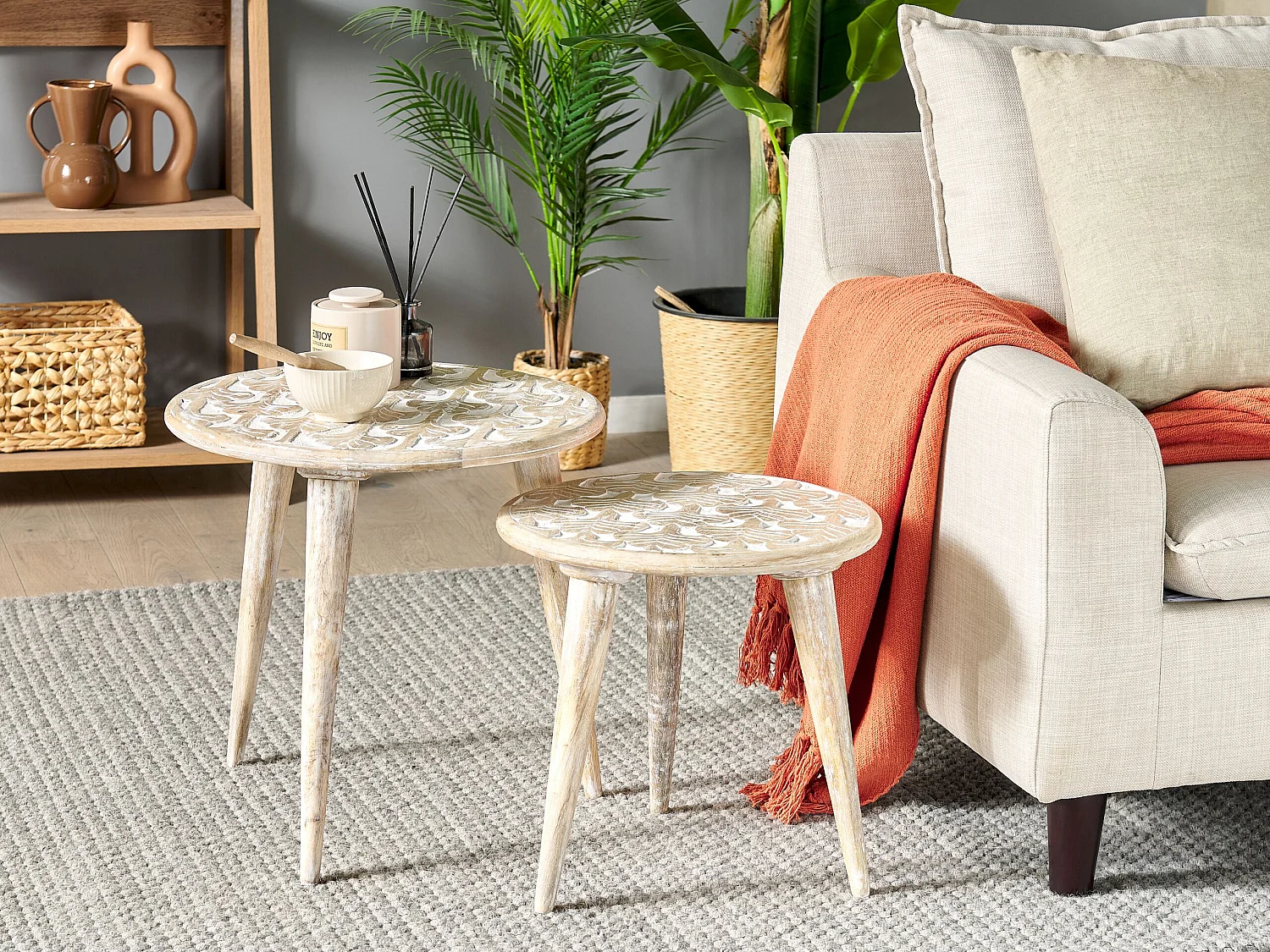 Lot de 2 tables d'appoint HURSI Bois de manguier Marron/blanc