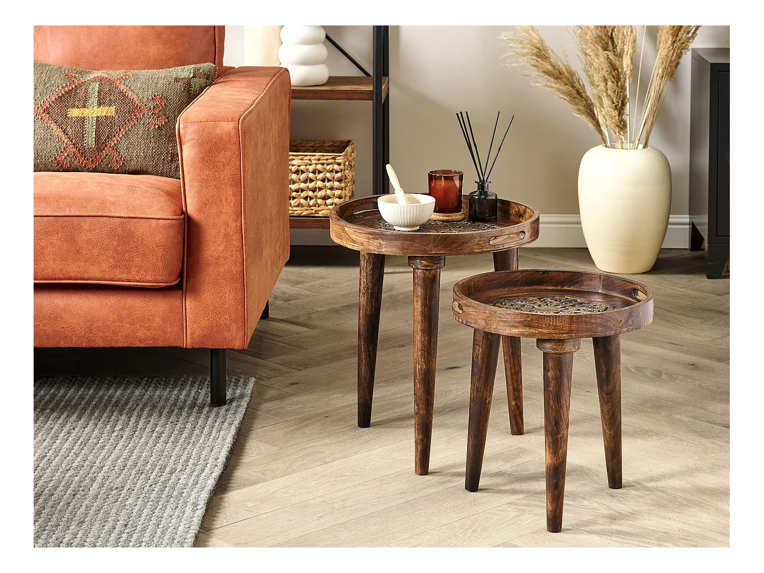 Lot de 2 tables d'appoint ASTAI Bois de manguier Marron foncé