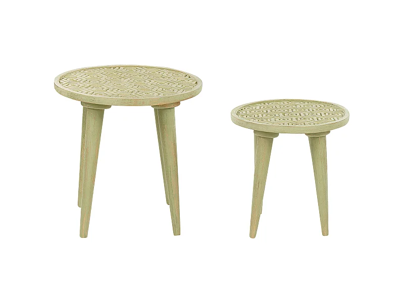 Beistelltische 2er Set aus Mangholz grün / hellgrün mit Muster rustikal Maharo