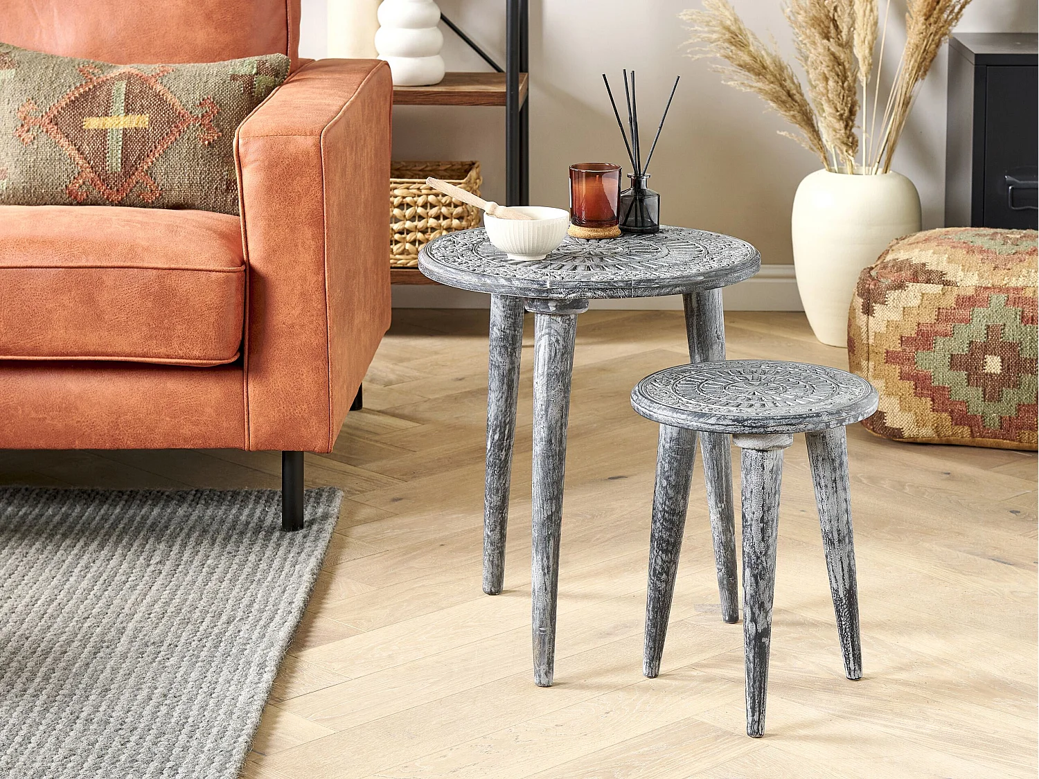 Lot de 2 tables d'appoint JATRA Bois de manguier Gris