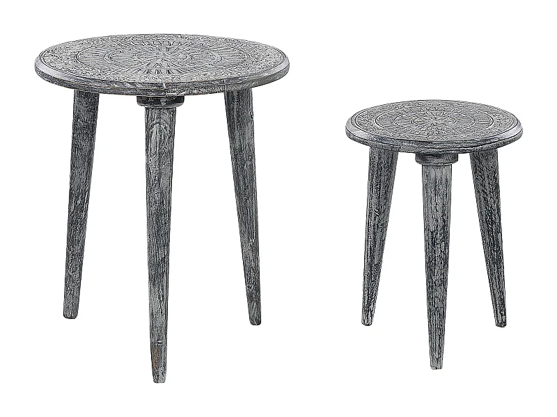 Set aus 2 handgefertigten Beistelltischen Mangoholz im Vintage-Stil Grau Jatra