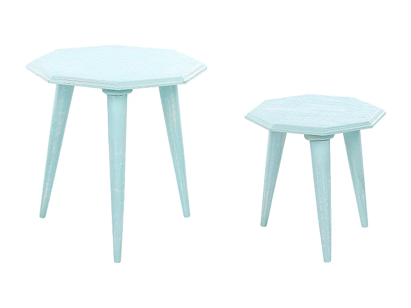 Beistelltische 2er Set aus Mangholz blau / hellblau achteckig Retro Stil Kanri