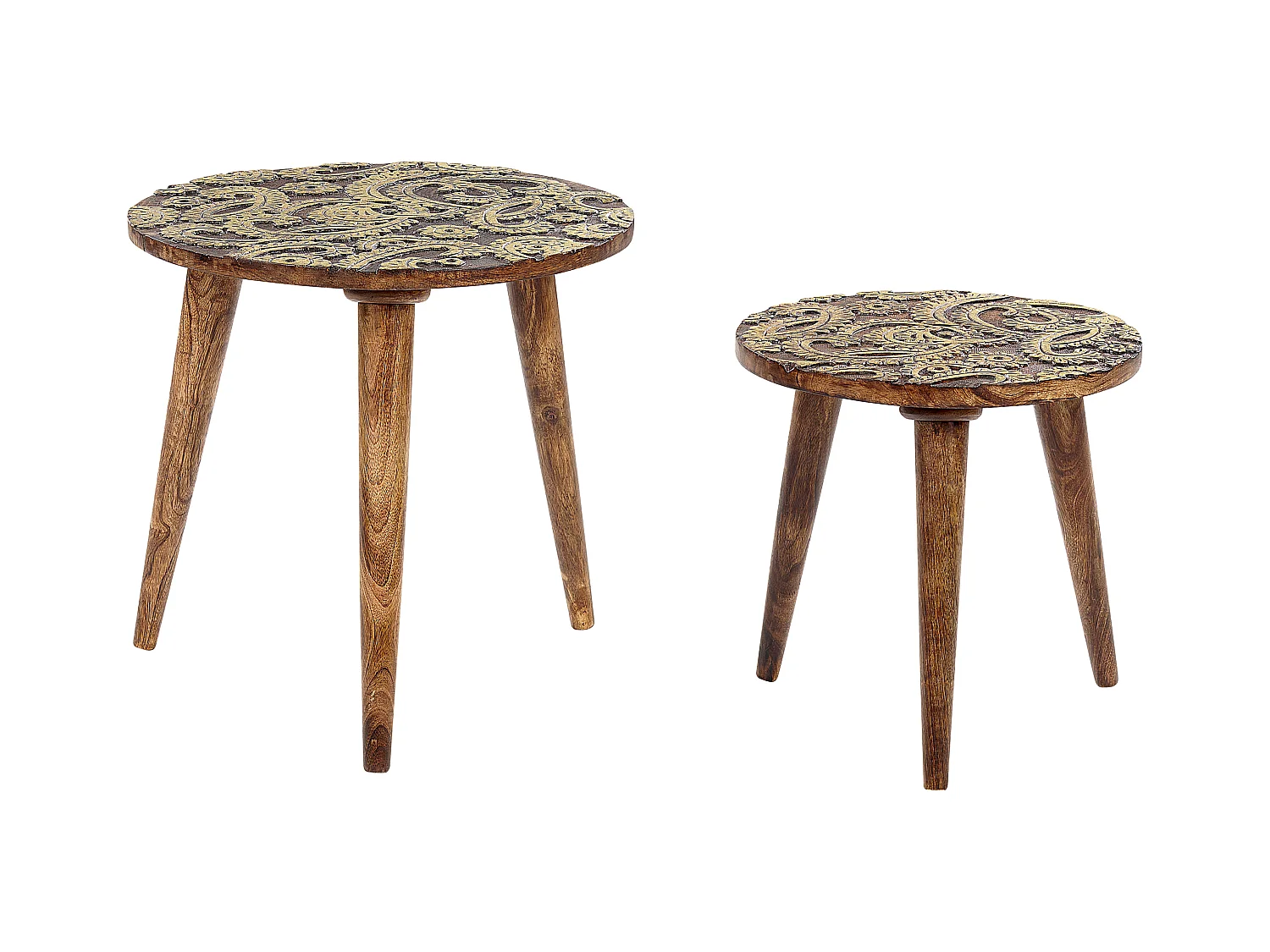 Beistelltische 2er Set aus Mangholz dunkler Holzfarbton / gold rund Retro Kanri