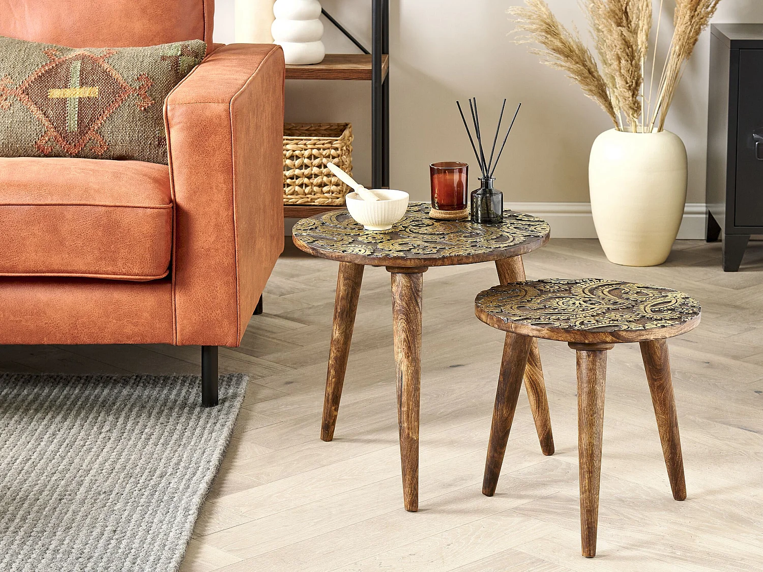 Lot de 2 tables d'appoint CHANPI Bois de manguier Marron foncé