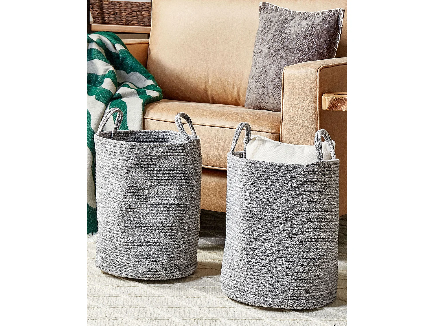 Textilkorb 2er Set Baumwolle grau rund ⌀ 34 cm mit Griffen handgefertigt Saryk