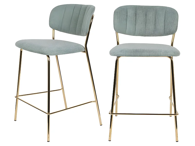 Jolien - Lot de 2 tabourets de bar en tissu avec pieds dorés H65cm - Vert de gris