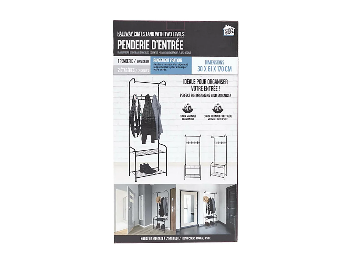 Penderie Dentree Crochets 2 Etages 61x30x170cm Noir