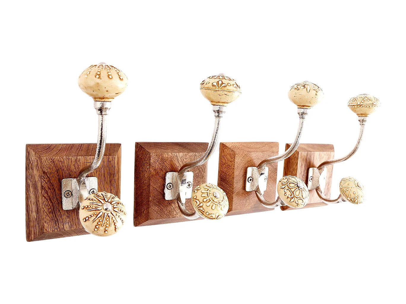 Patère en bois et céramique double crochet (Lot de 4)