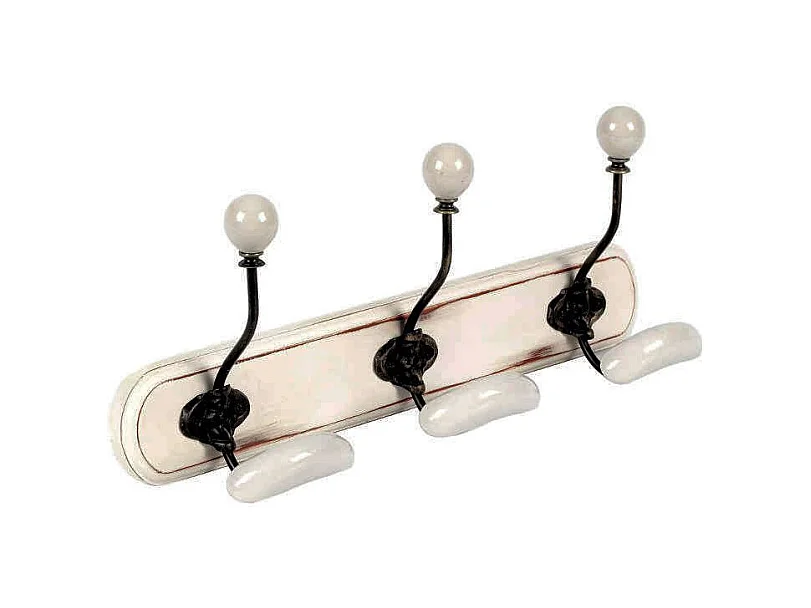 Patère en bois blanc et céramique 3 crochets