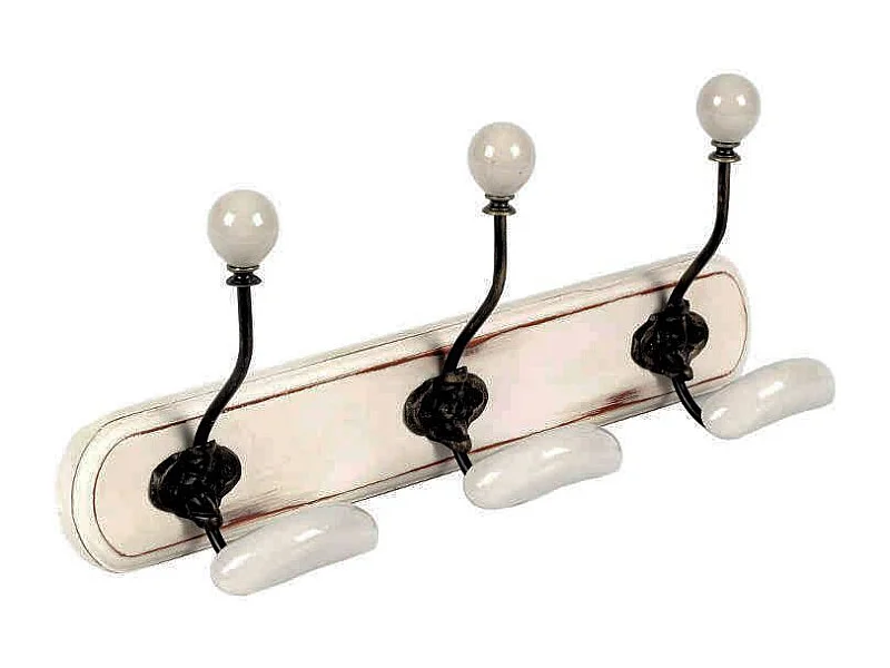 Patère en bois blanc et céramique 3 crochets