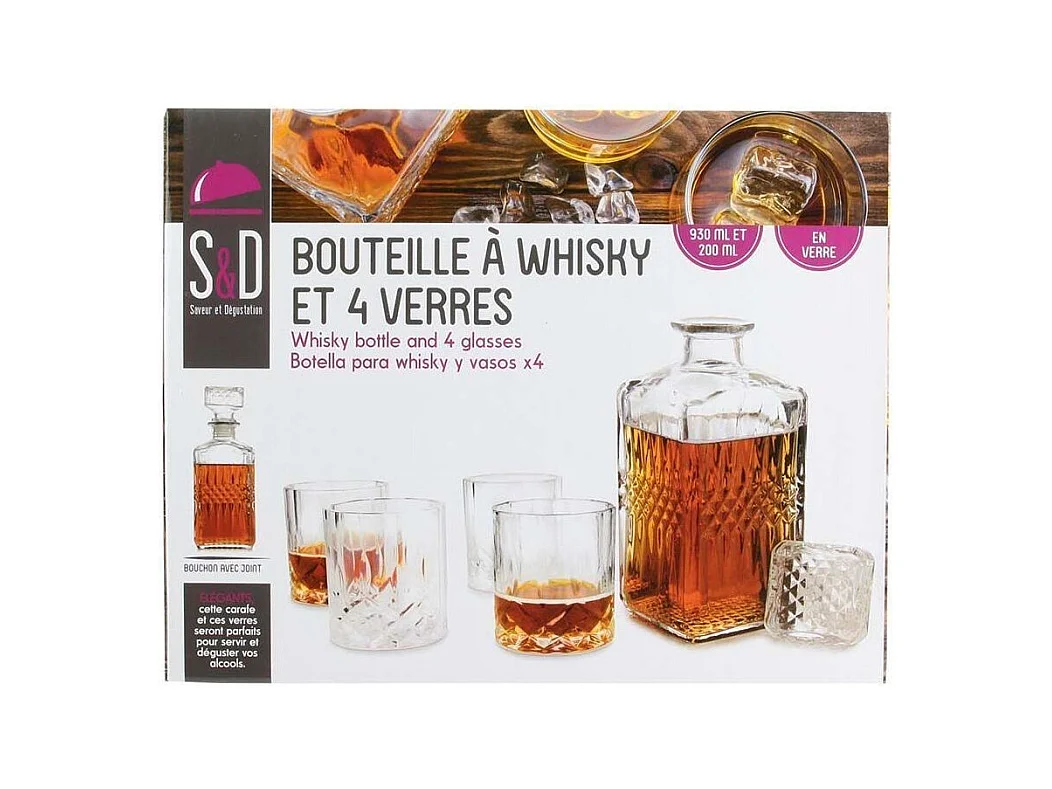 Caja de whisky con botella y 4 vasos