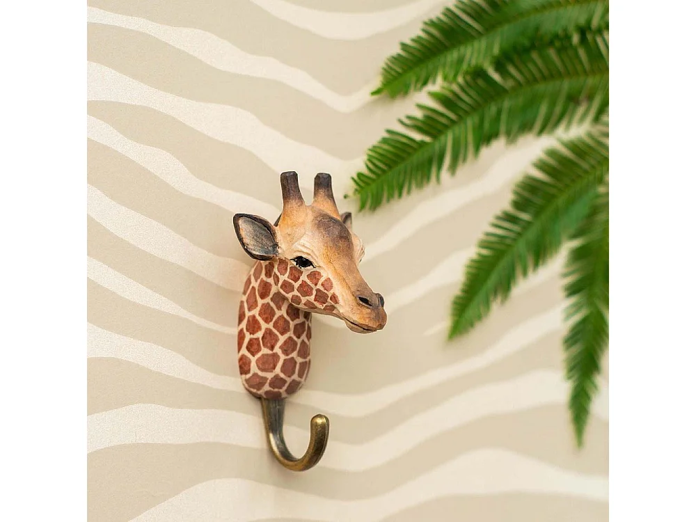 Patère animal en bois sculpté à la main et métal Girafe