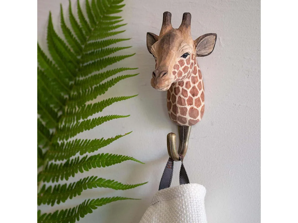 Patère animal en bois sculpté à la main et métal Girafe