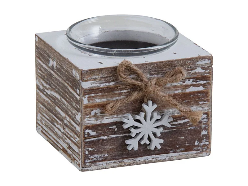 Bougeoir en bois vieilli avec décor flocon blanc