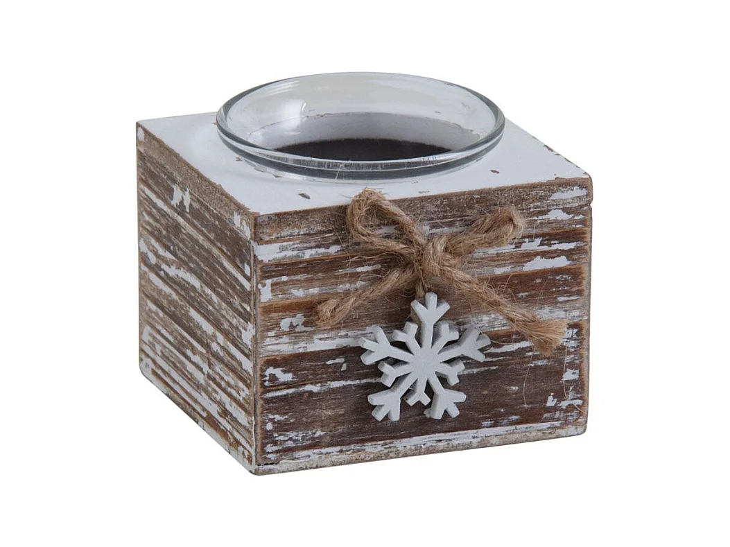 Bougeoir en bois vieilli avec décor flocon blanc