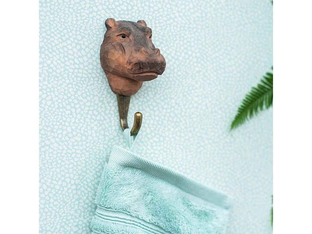 Patère animal en bois sculpté à la main et métal Hippopotame