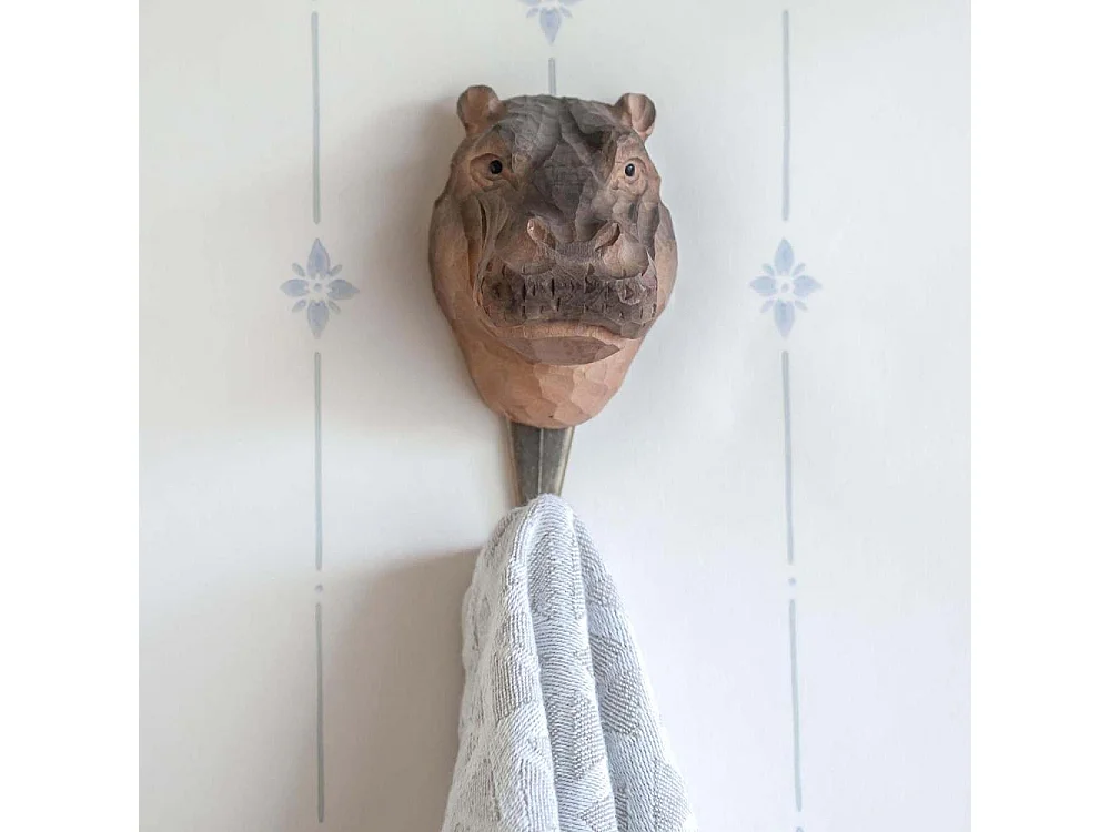 Patère animal en bois sculpté à la main et métal Hippopotame