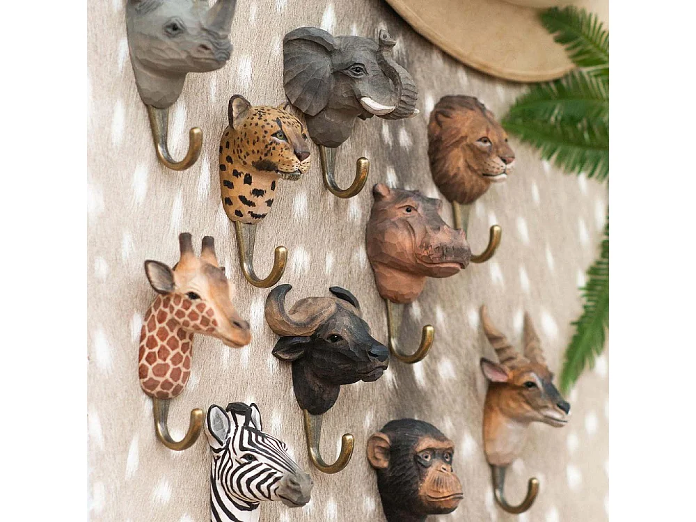 Patère animal en bois sculpté à la main et métal Hippopotame