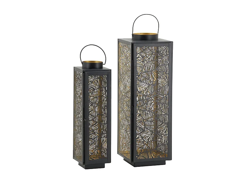 Lanternes en métal laqué noir carrée motif feuilles (Lot de 2)
