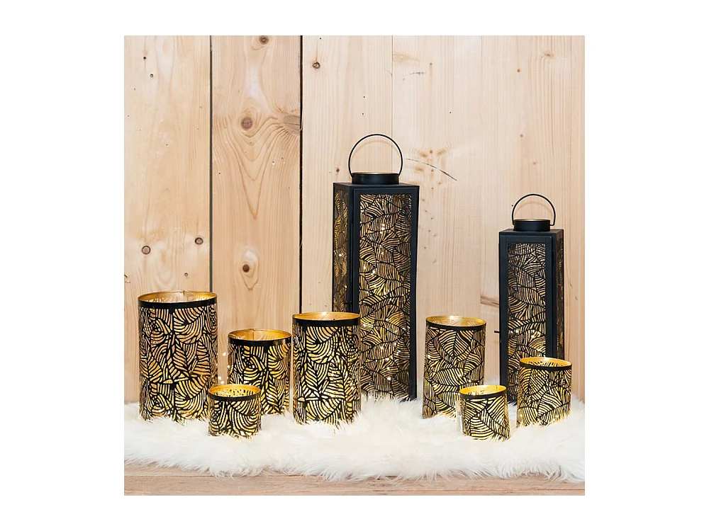 Lanternes en métal laqué noir carrée motif feuilles (Lot de 2)