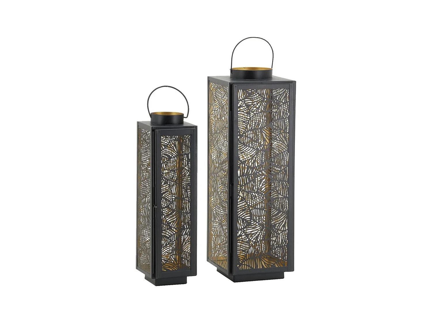 Lanternes en métal laqué noir carrée motif feuilles (Lot de 2)