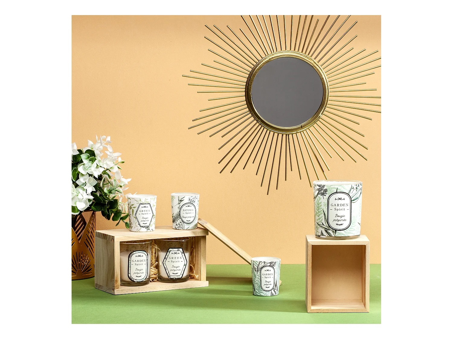 Bougie Parfumee Nature X2 Coffret Bois H6.5cm Blanc, Beige