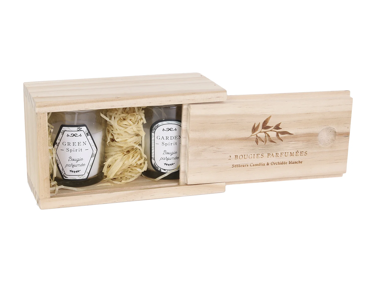 Bougie Parfumee Nature X2 Coffret Bois H6.5cm Blanc, Beige