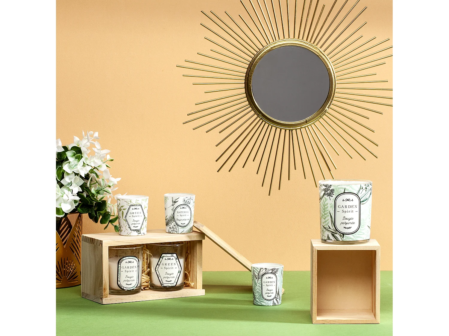 Bougie Parfumee Nature X2 Coffret Bois H6.5cm Blanc, Beige