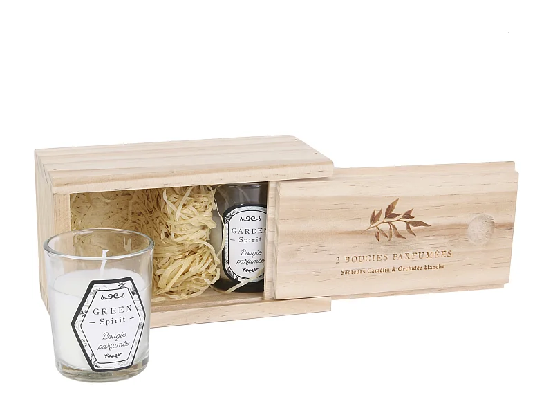 Bougie Parfumee Nature X2 Coffret Bois H6.5cm Blanc, Beige