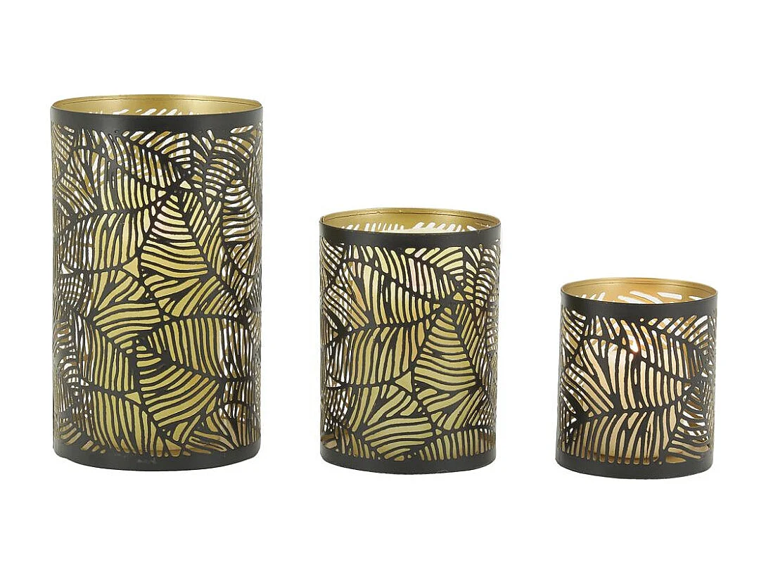 Photophore en métal laqué noir feuilles