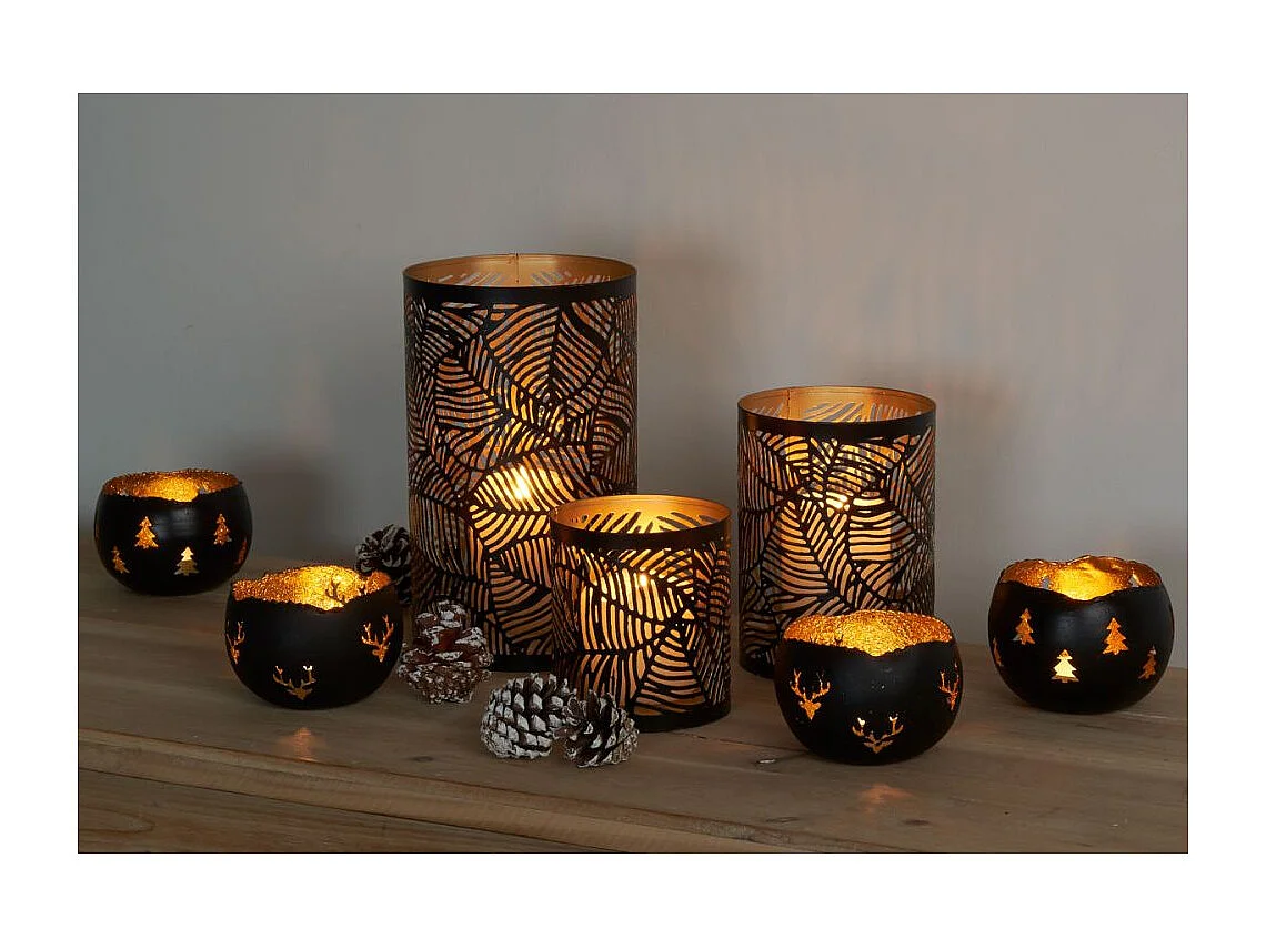 Photophore en métal laqué noir feuilles