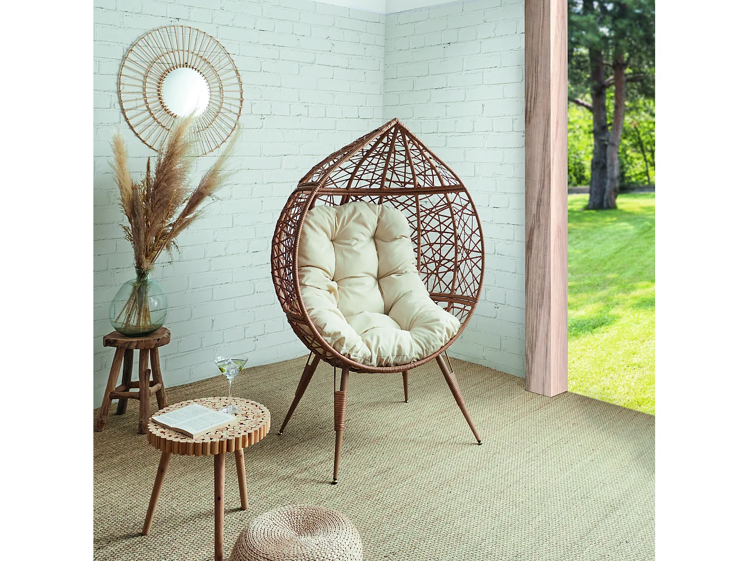 Fauteuil Oeuf Coussin Beige Marron, Blanc