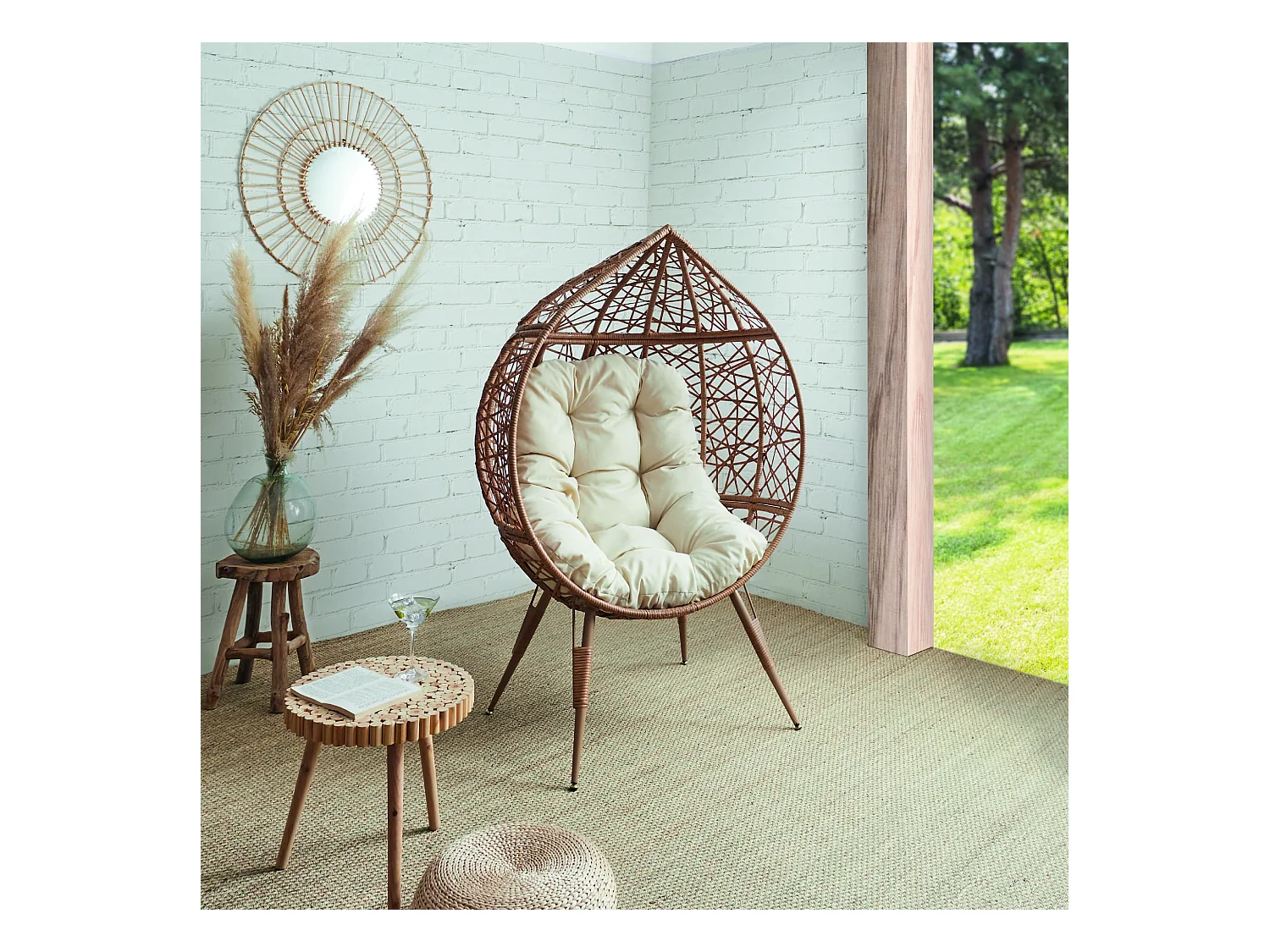 Fauteuil Oeuf Coussin Beige Marron, Blanc