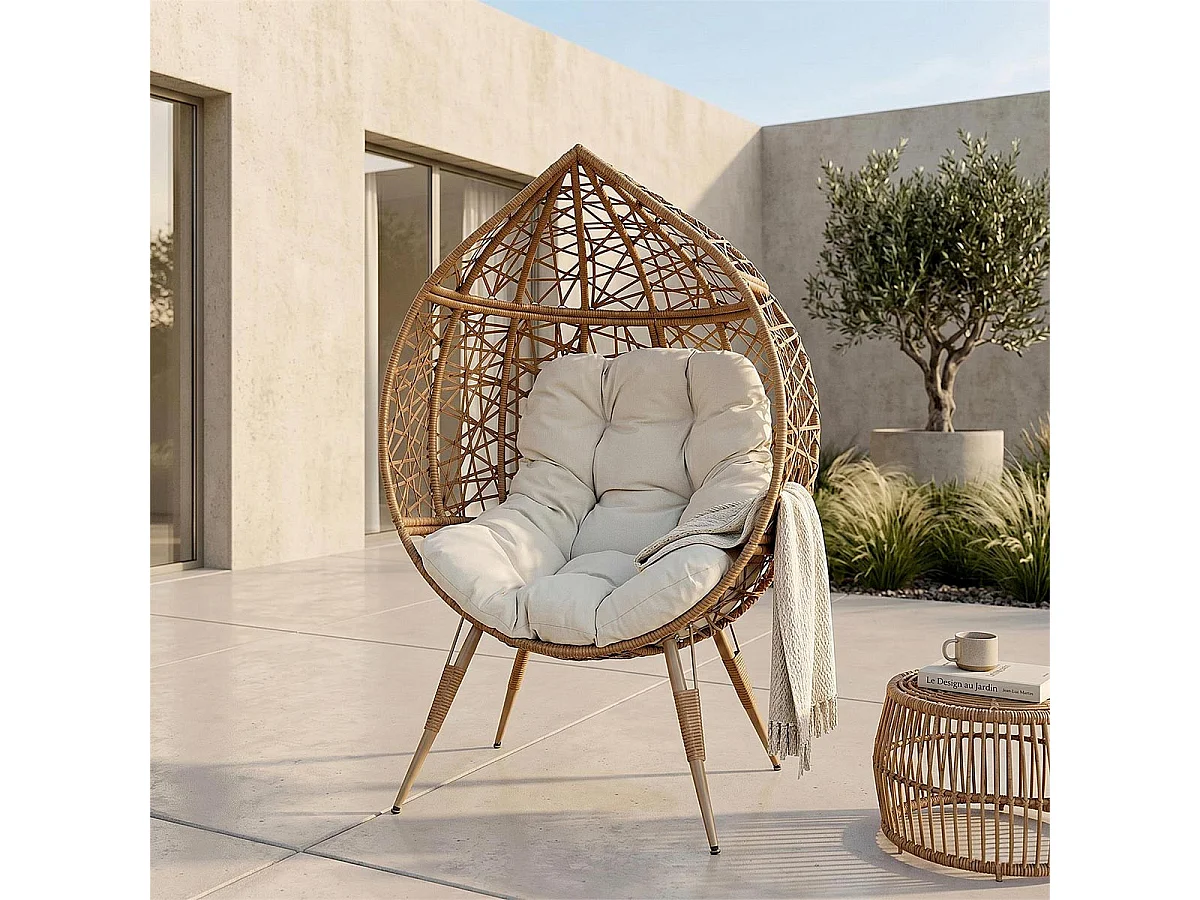 Fauteuil - HOME DECO FACTORY - Tressé - Coussin Rembourré - Marron et Blanc