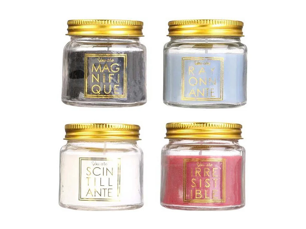 Duftkerze Baumwolleblüte im Glas mit glitzernden Inschriften (4er-Pack)