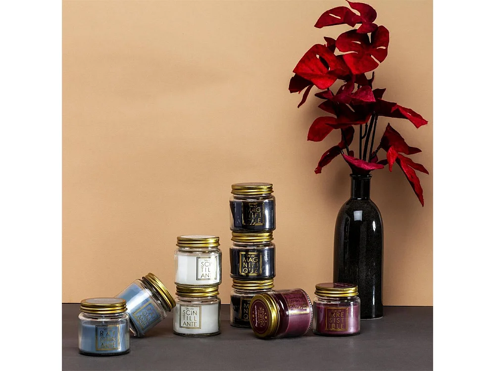 Duftkerze Baumwolleblüte im Glas mit glitzernden Inschriften (4er-Pack)