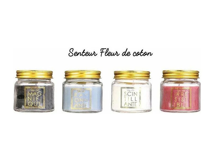 Duftkerze Baumwolleblüte im Glas mit glitzernden Inschriften (4er-Pack)