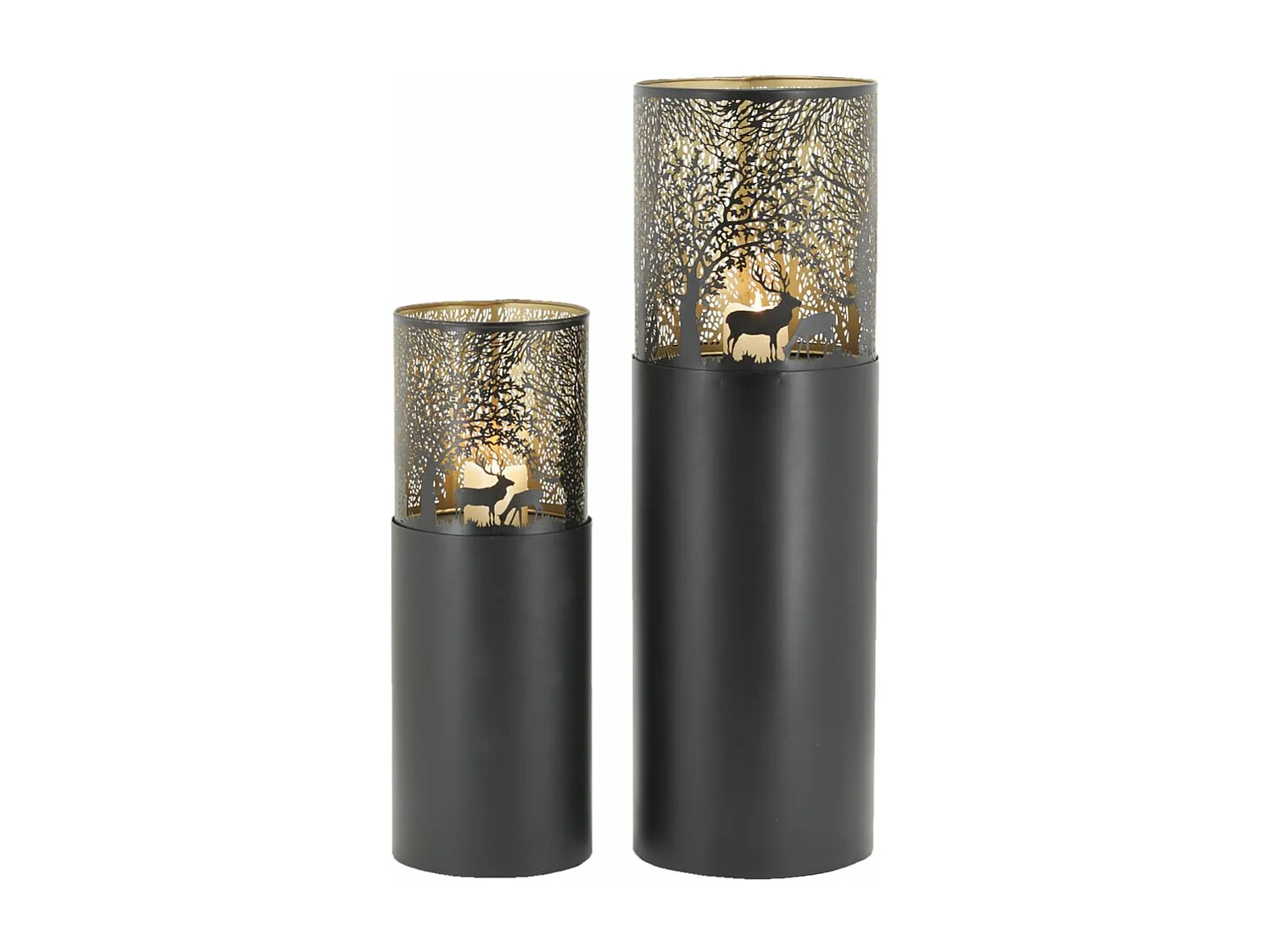 Große Windlichter auf Metallfuß mit Hirschdekor
