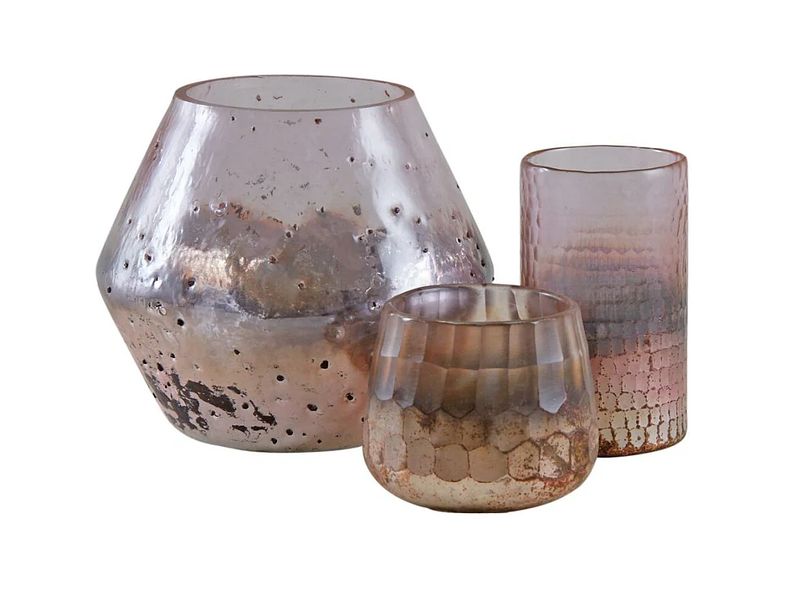 Photophore en verre teinté rose et doré 8 cm