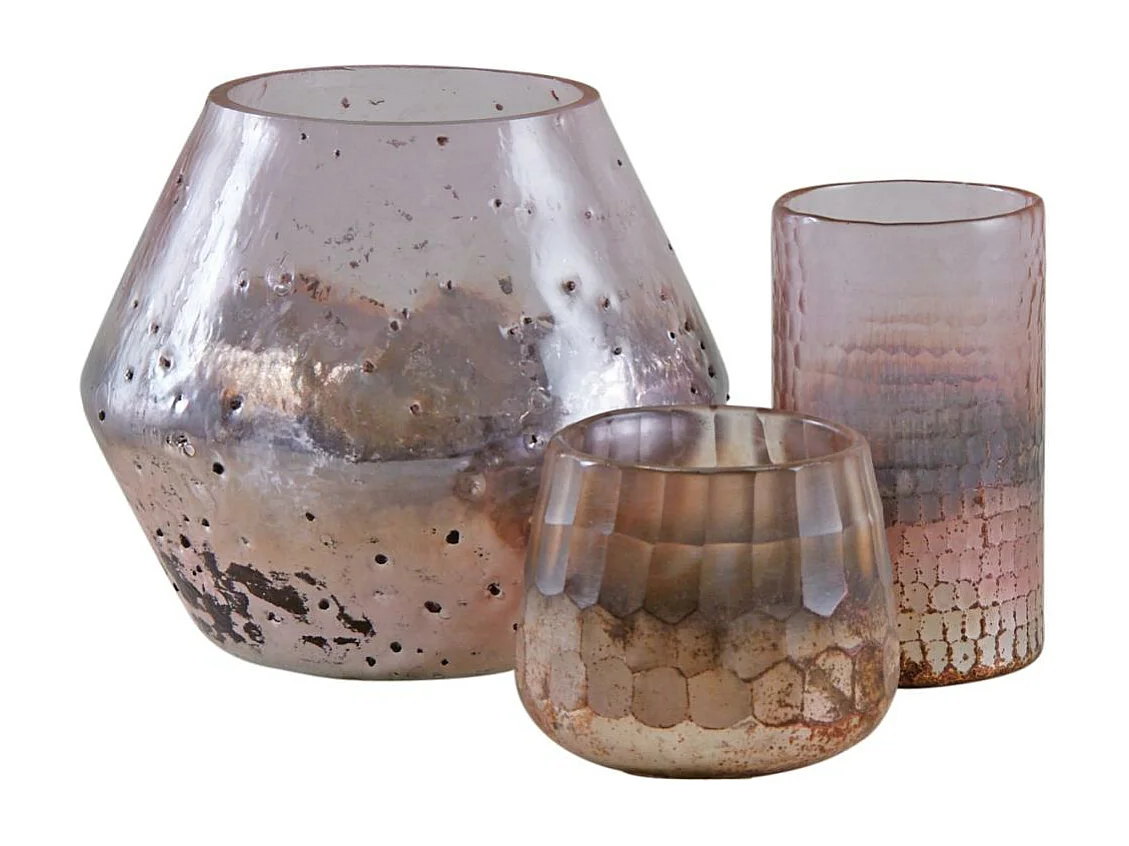 Photophore en verre teinté rose et doré 8 cm