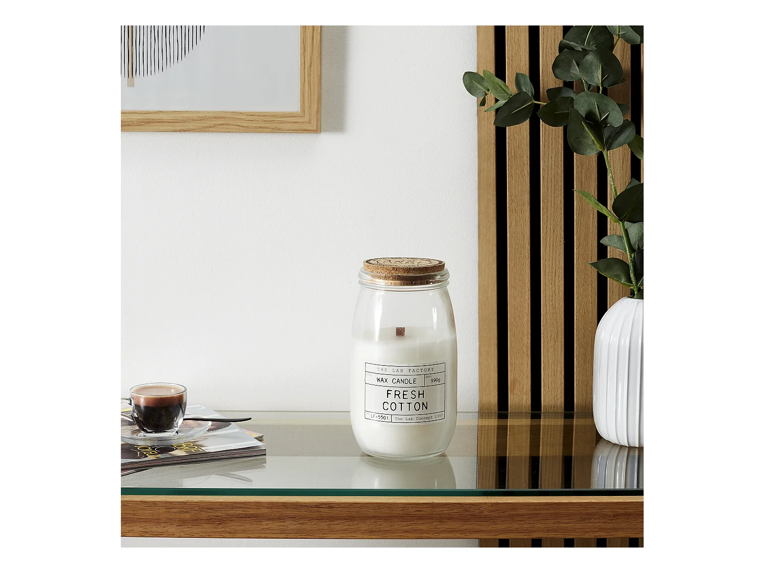 Bougie Parfumee Top Liege Meche Bois Lab H21cm Blanc, Gris