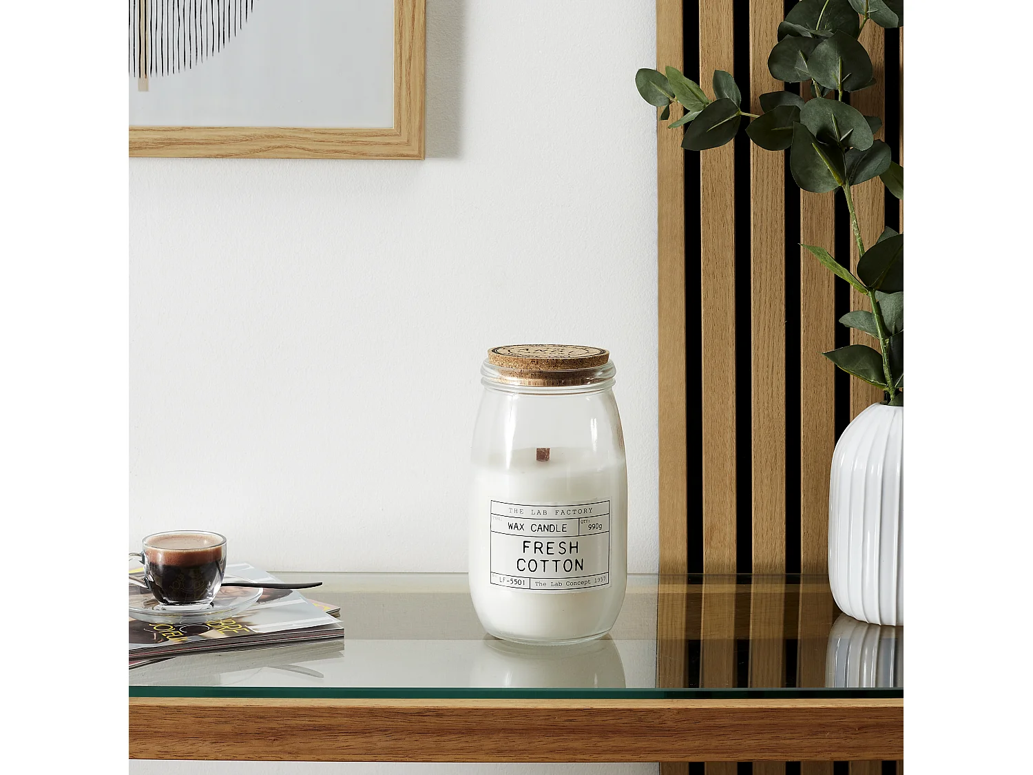 Bougie Parfumee Top Liege Meche Bois Lab H21cm Blanc, Gris