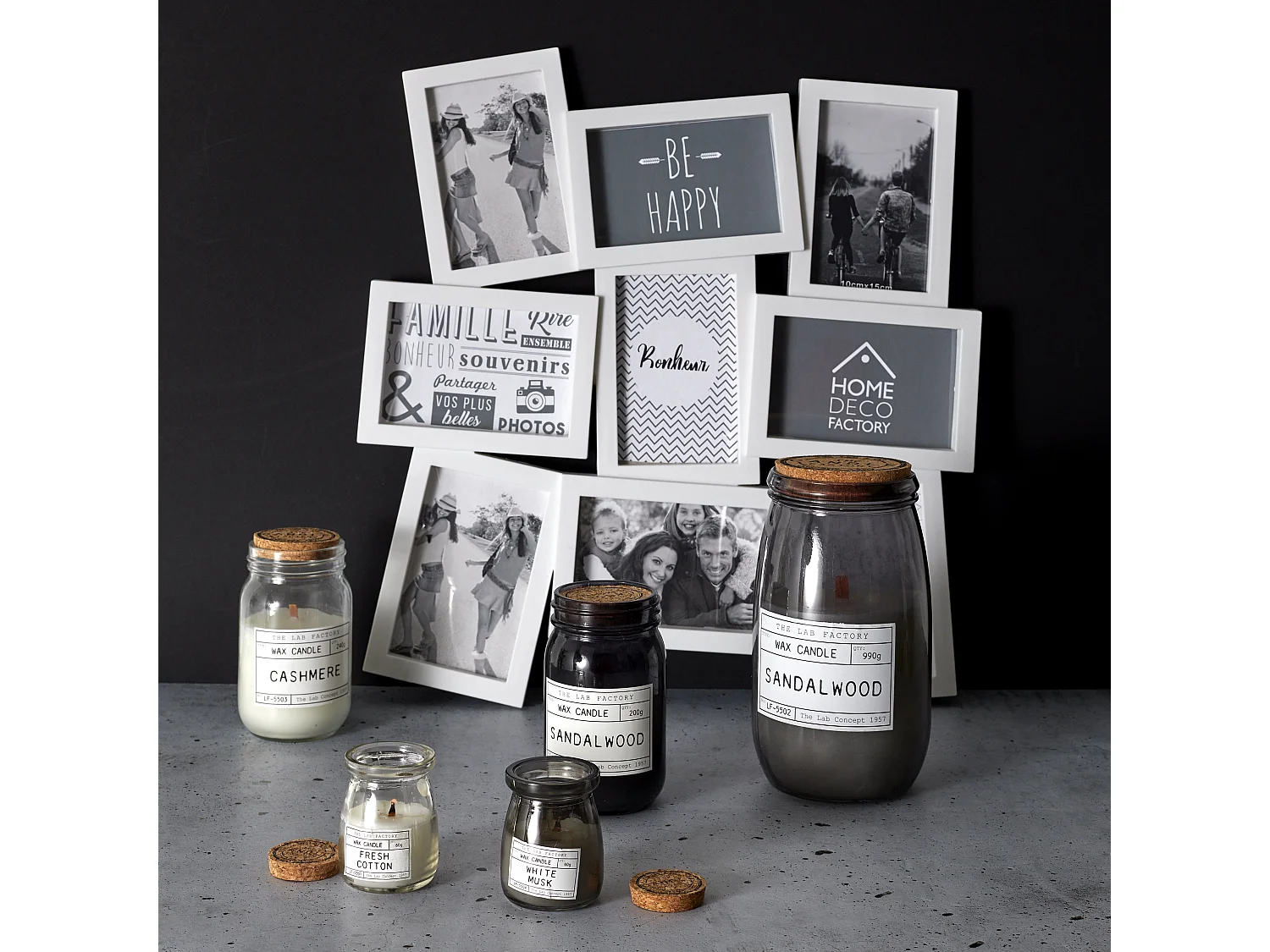 Bougie Parfumee Top Liege Meche Bois Lab H21cm Blanc, Gris