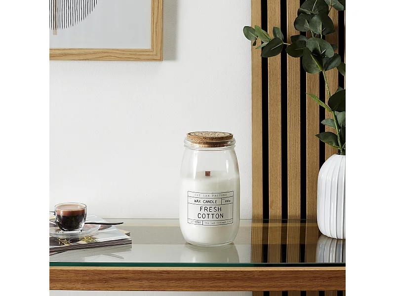 Bougie Parfumee Top Liege Meche Bois Lab H21cm Blanc, Gris