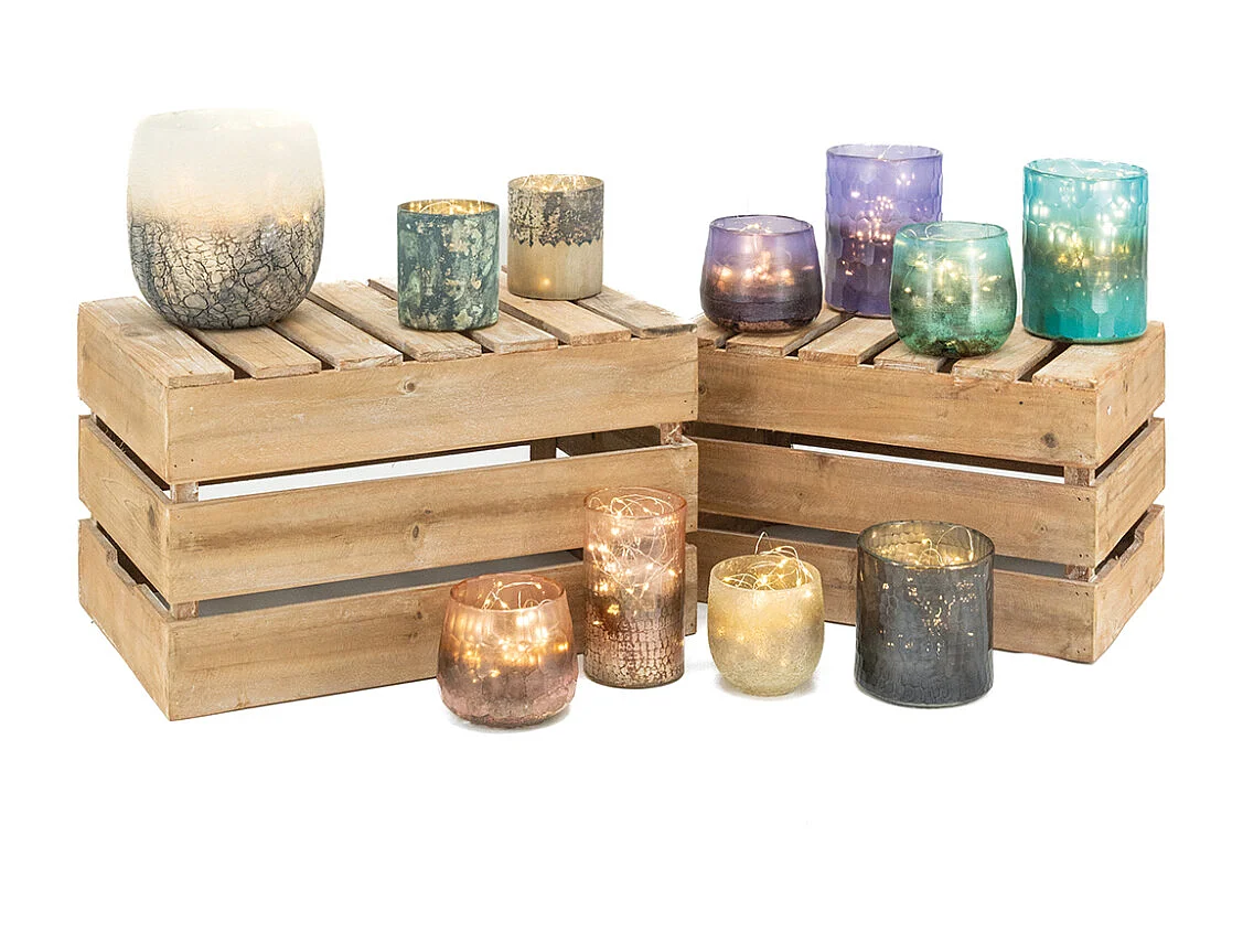 Photophore en verre teinté rose et doré 10 cm (Lot de 2)