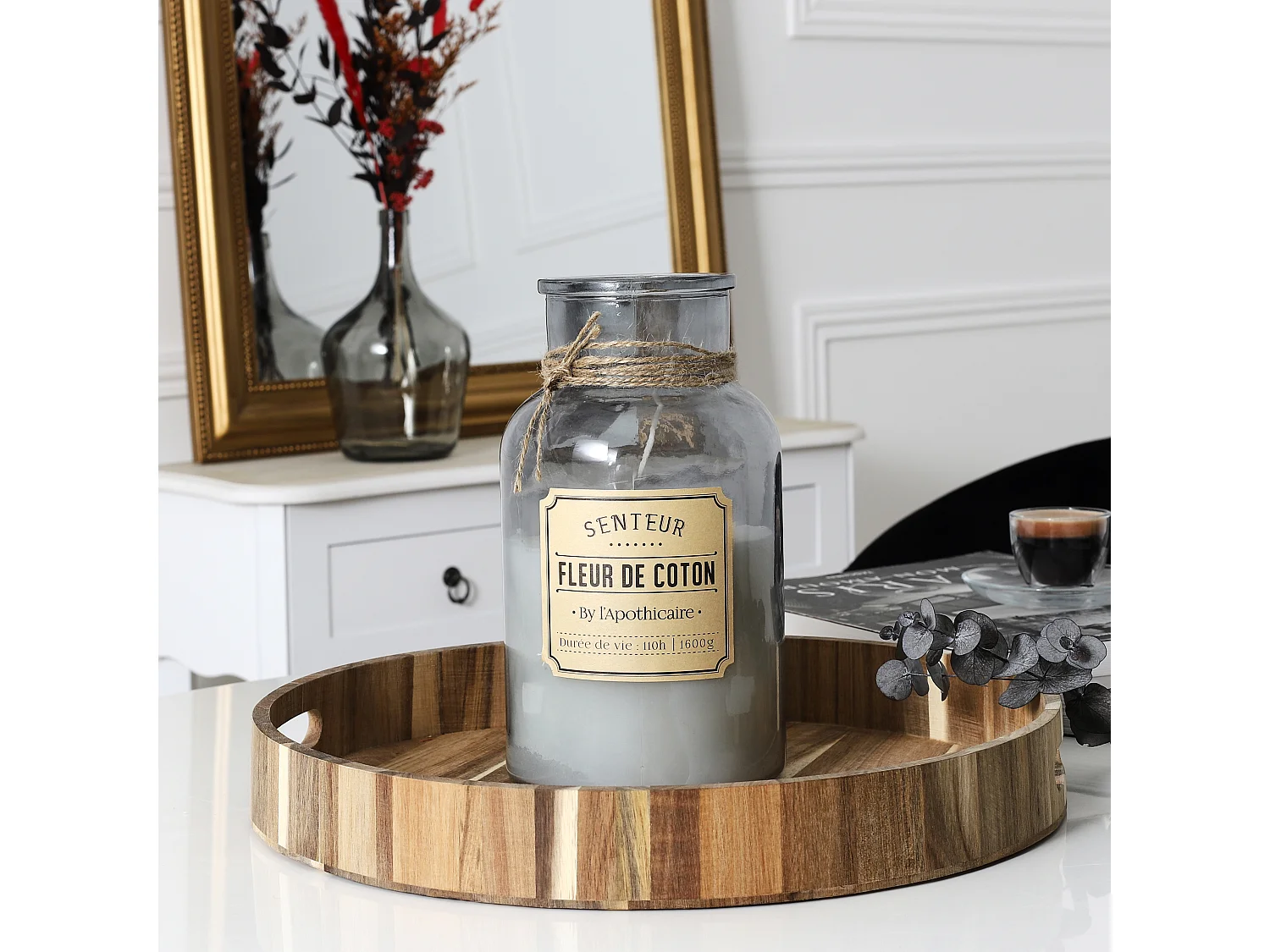 Bougie Parfumee Fleur Coton Apothicaire H25.5cm Blanc, Gris